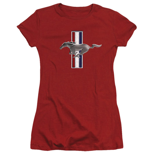 Ford Mustang Vintage Stripes Junior Sheer Cap Sleeve Womens T Shirt Cardinal