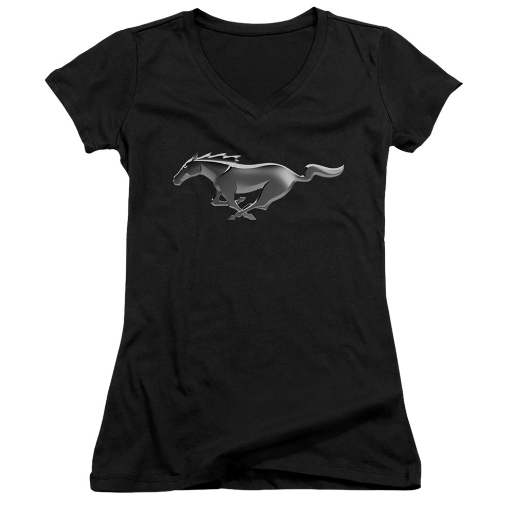 Ford Mustang Modern Mustang Junior Sheer Cap Sleeve V-Neck Womens T Shirt Black