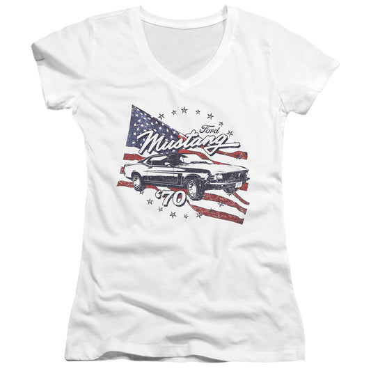 Ford Mustang 70 Mustang Junior Sheer Cap Sleeve V-Neck Womens T Shirt White