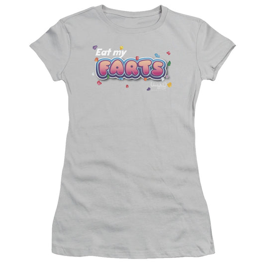 Farts Candy Eat My Farts Junior Sheer Cap Sleeve Womens T Shirt Silver