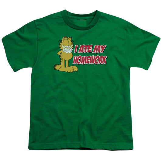 Garfield I Ate My Homework Kids Youth T Shirt Kelly Green