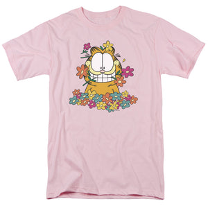 Garfield in the Garden Mens T Shirt Pink
