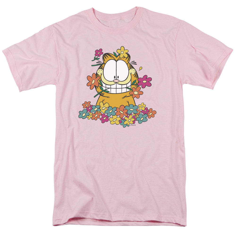 Garfield in the Garden Mens T Shirt Pink