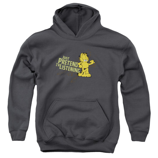 Garfield Just Pretend Im Listening Kids Youth Hoodie Charcoal
