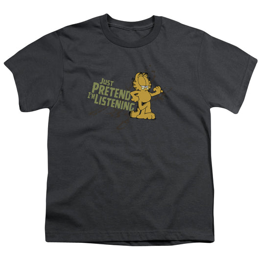 Garfield Just Pretend Im Listening Kids Youth T Shirt Charcoal