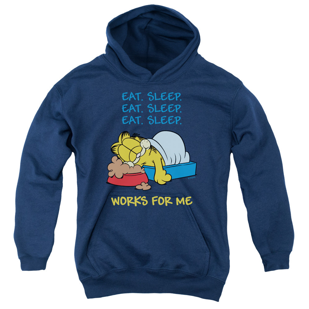 Garfield Works for Me Kids Youth Hoodie Navy