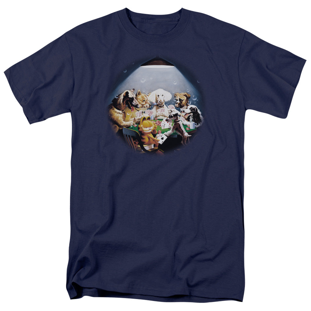 Garfield Playing With the Big Dogs Mens T Shirt Navy Blue