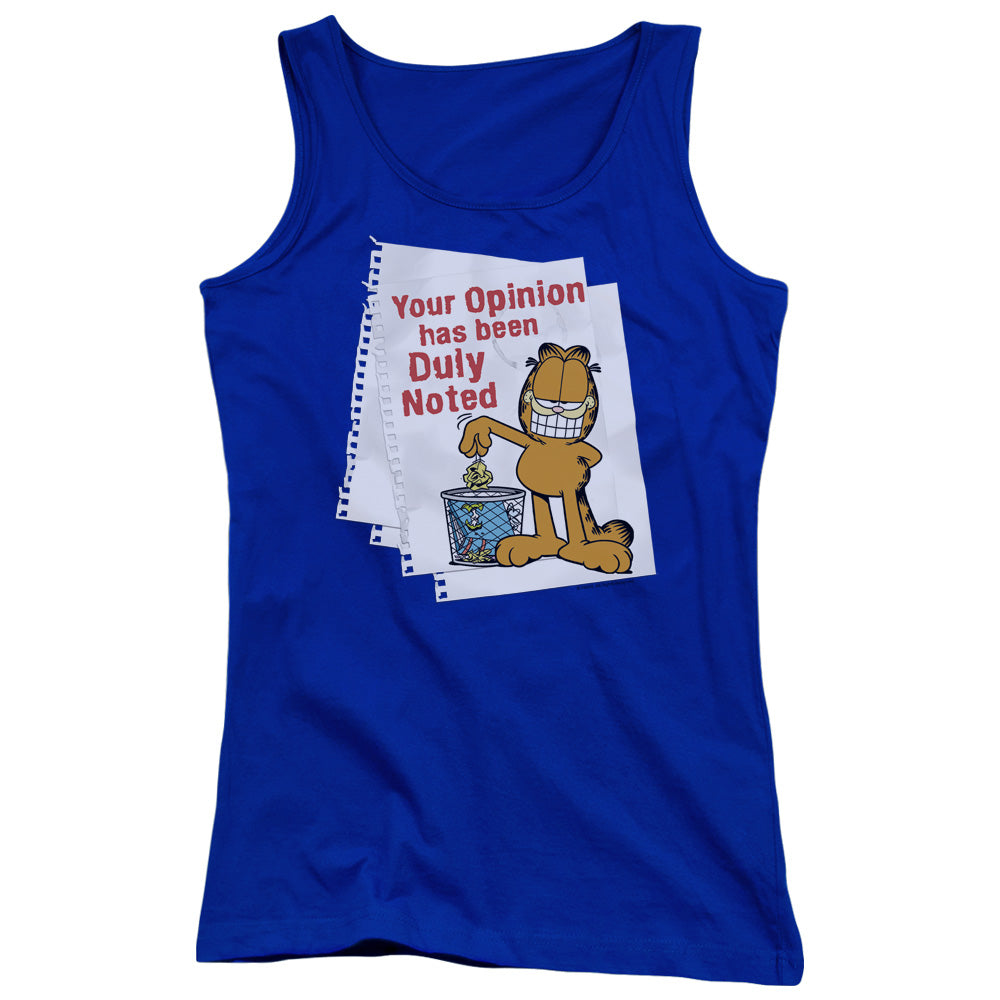 Garfield Duly Noted Womens Tank Top Shirt Royal Blue