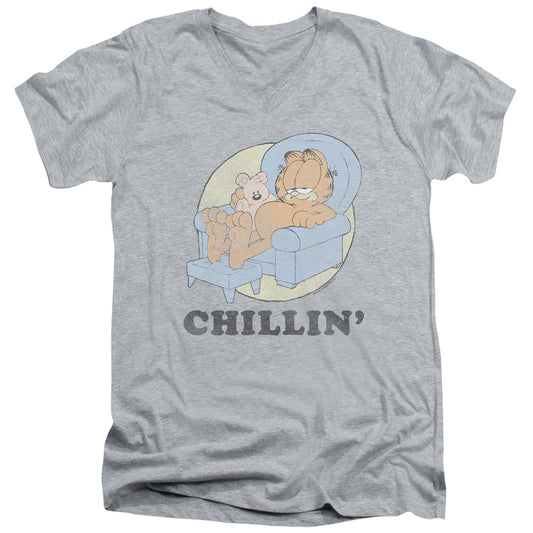 Garfield Chillin Mens Slim Fit V-Neck T Shirt Athletic Heather