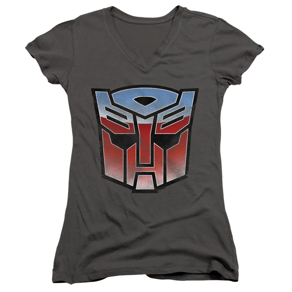 Transformers Vintage Autobot Logo Junior Sheer Cap Sleeve V-Neck Womens T Shirt Charcoal