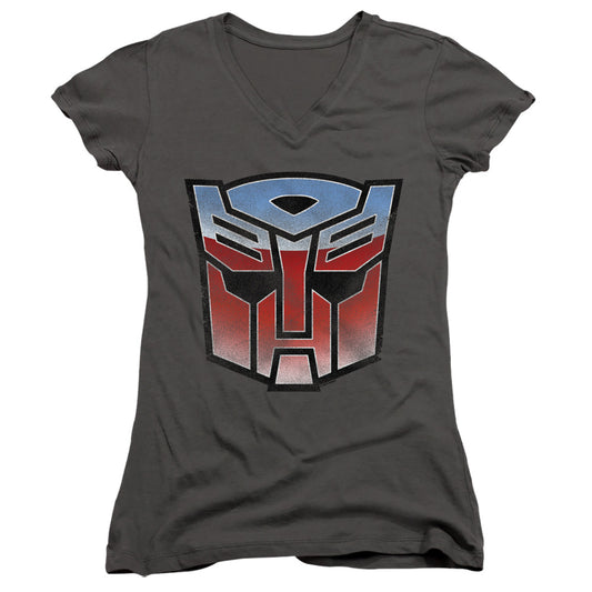 Transformers Vintage Autobot Logo Junior Sheer Cap Sleeve V-Neck Womens T Shirt Charcoal