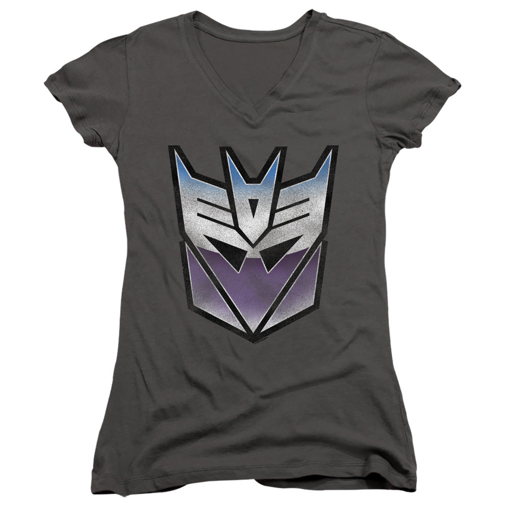 Transformers Vintage Decepticon Logo Junior Sheer Cap Sleeve V-Neck Womens T Shirt Charcoal