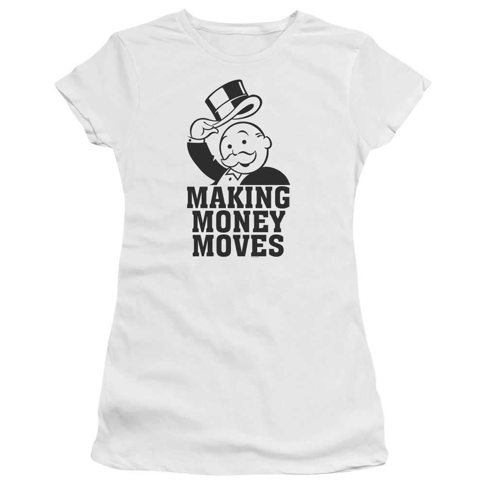 Monopoly Money Moves Junior Sheer Cap Sleeve Womens T Shirt White