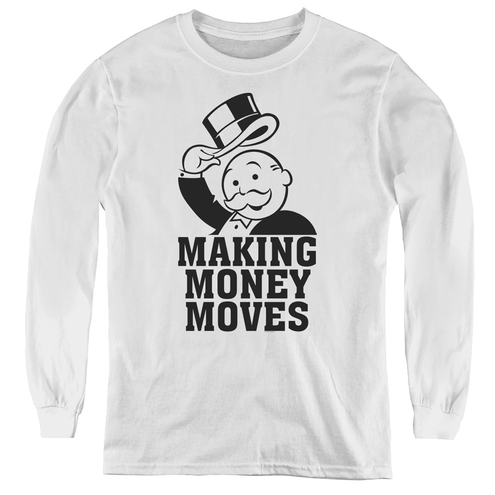 Monopoly Money Moves Long Sleeve Kids Youth T Shirt White