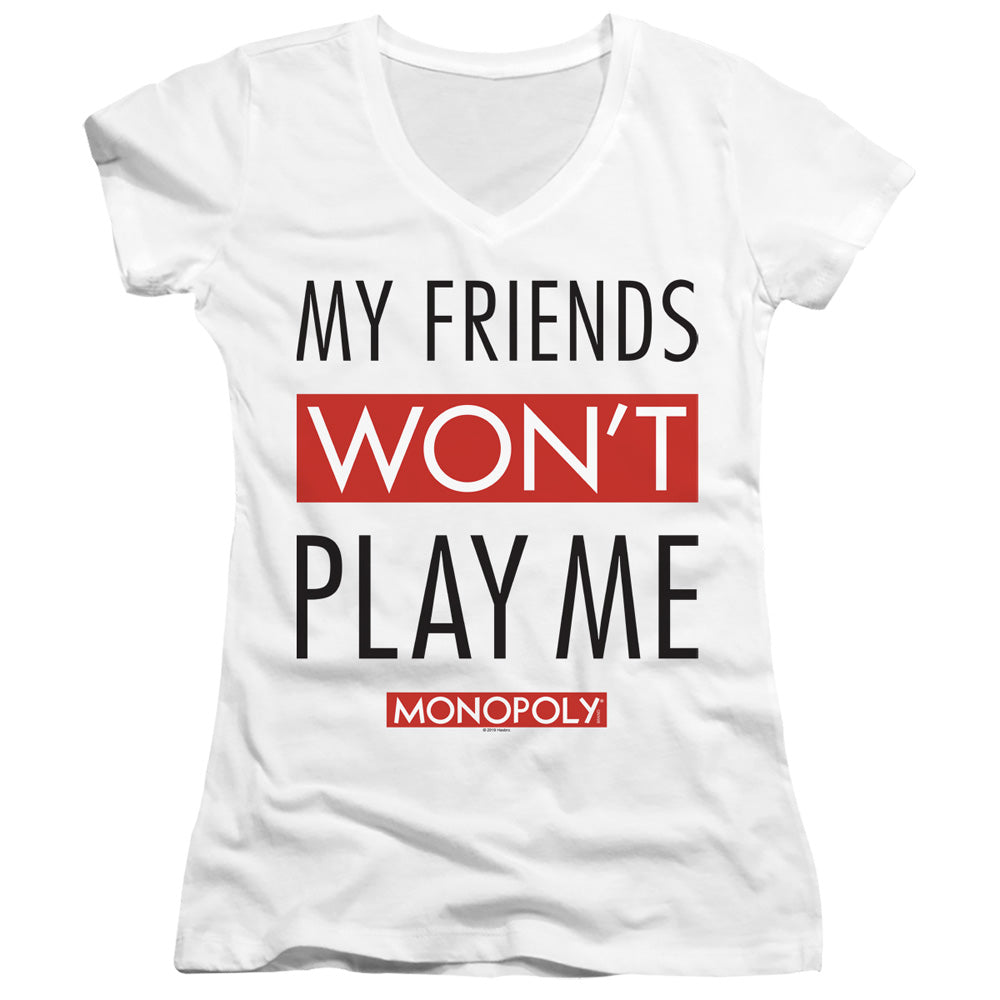 Monopoly My Friends Junior Sheer Cap Sleeve V-Neck Womens T Shirt White