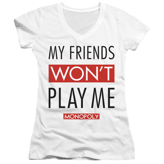 Monopoly My Friends Junior Sheer Cap Sleeve V-Neck Womens T Shirt White