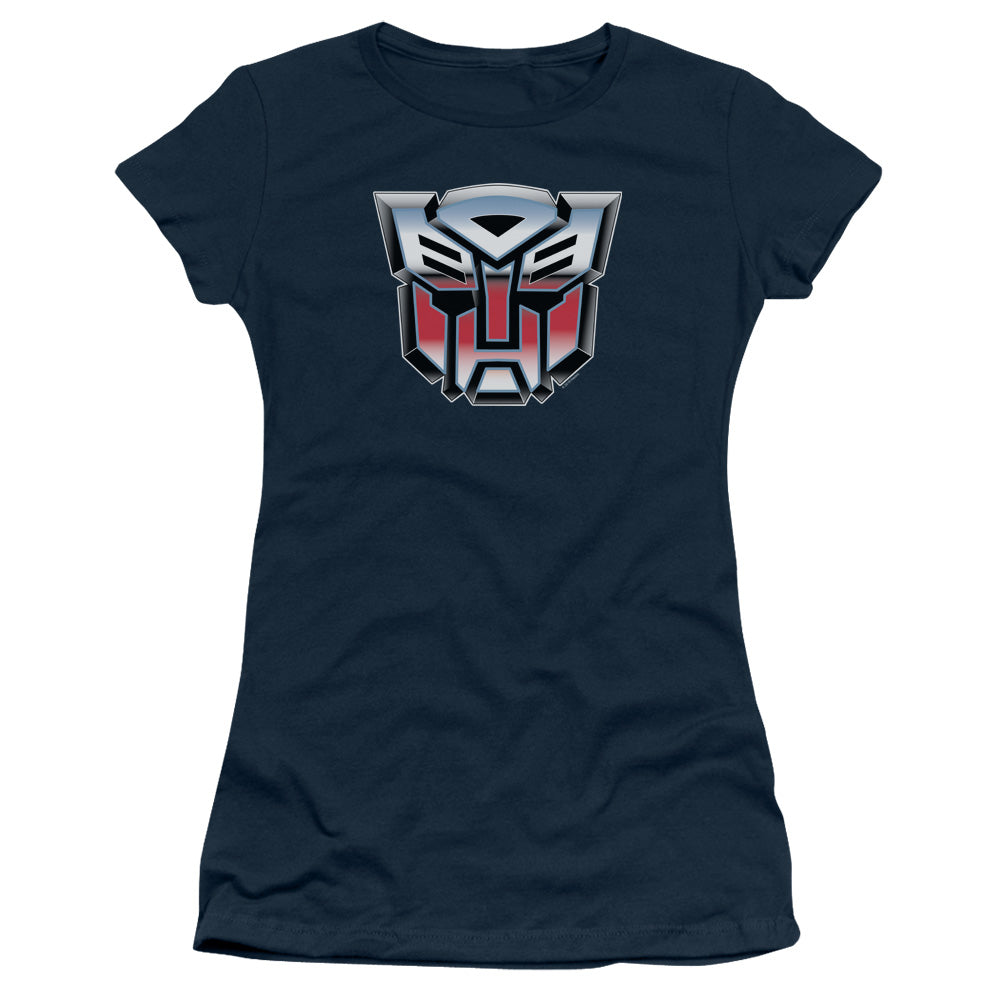 Transformers Autobot Airbrush Logo Junior Sheer Cap Sleeve Womens T Shirt Navy Blue