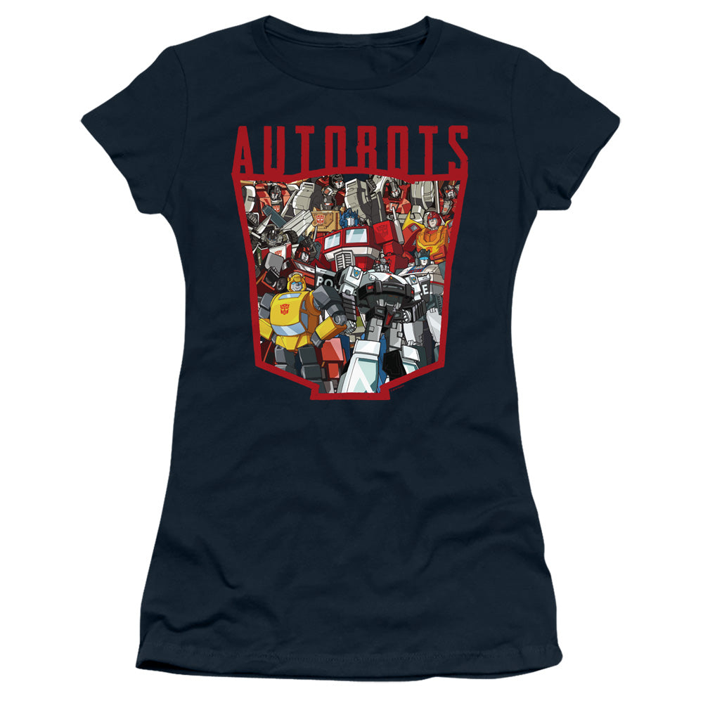 Transformers Autobot Collage Junior Sheer Cap Sleeve Womens T Shirt Navy Blue