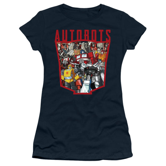 Transformers Autobot Collage Junior Sheer Cap Sleeve Womens T Shirt Navy Blue