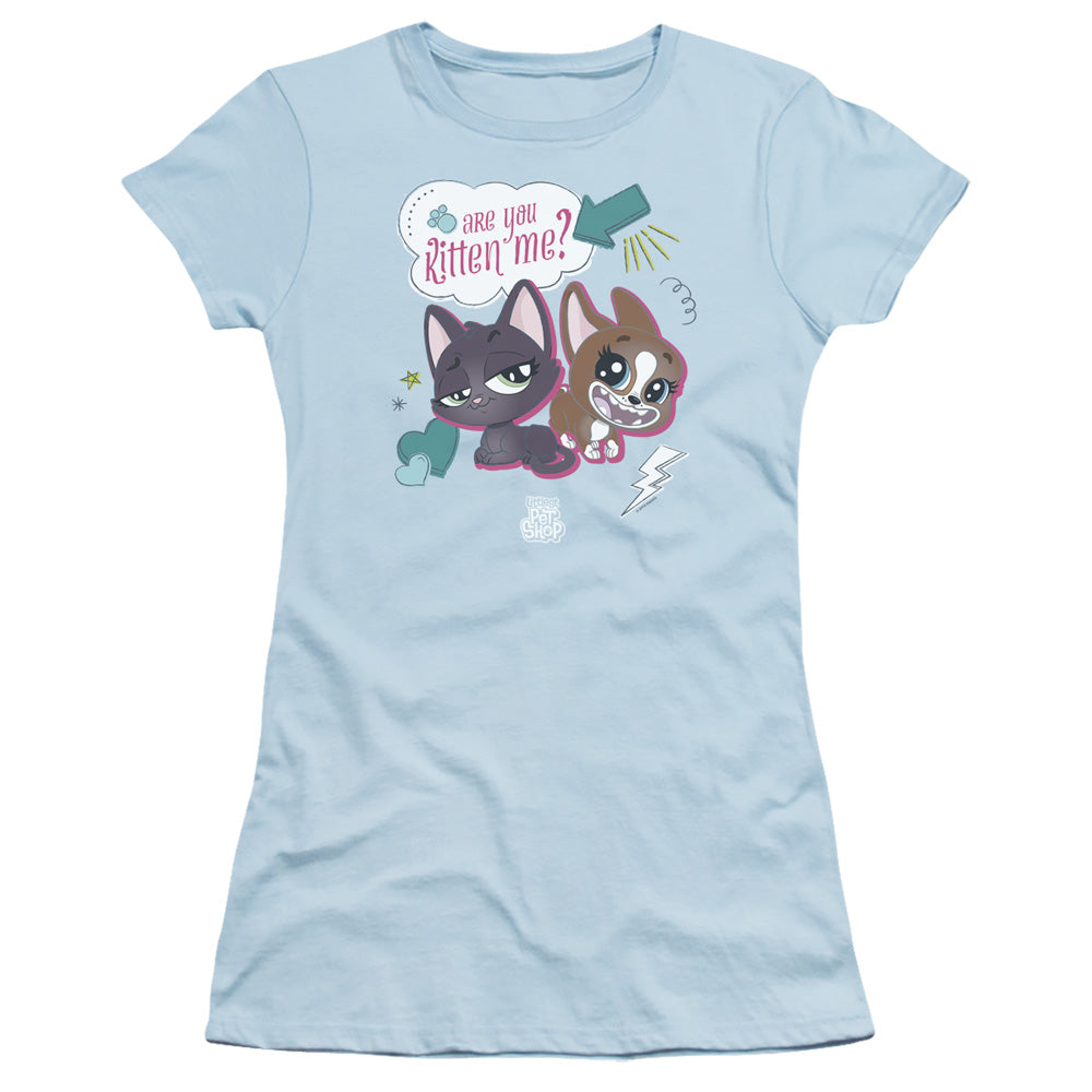 Littlest Pet Shop Are You Kitten Me Junior Sheer Cap Sleeve Womens T Shirt Light Blue