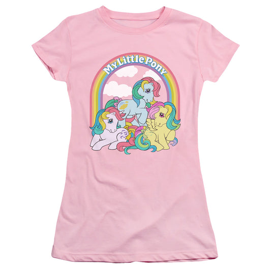 My Little Pony Retro Under the Rainbow Junior Sheer Cap Sleeve Womens T Shirt Pink