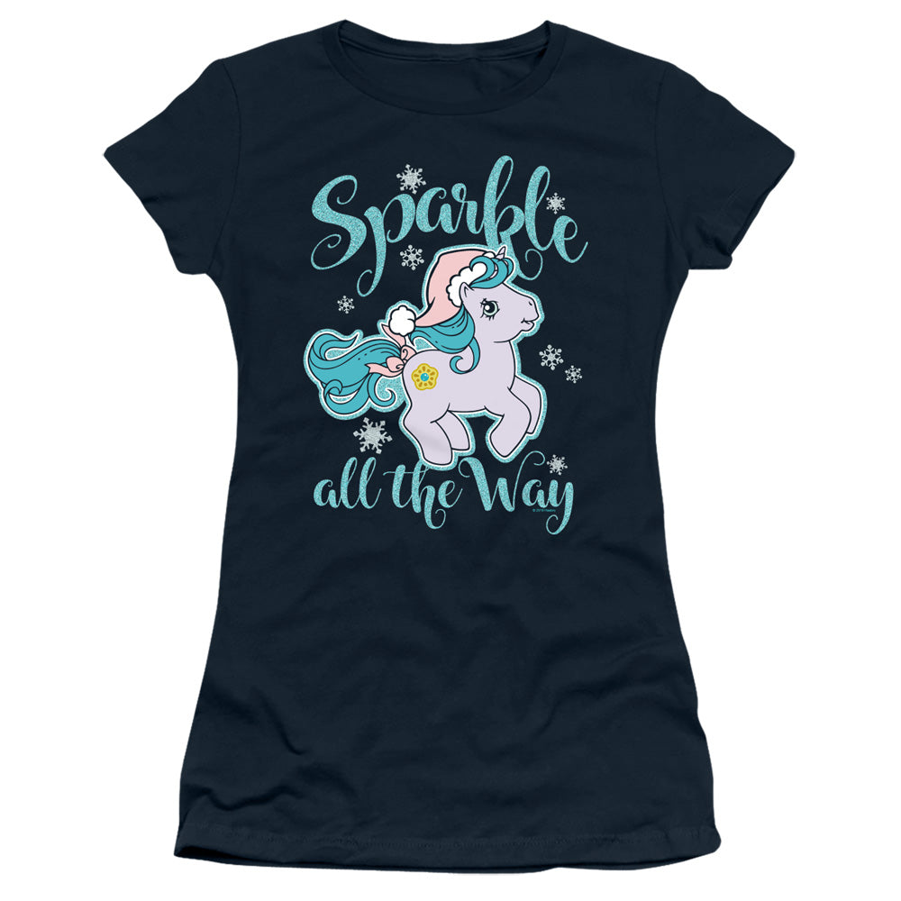 My Little Pony Retro Sparkle All the Way Junior Sheer Cap Sleeve Womens T Shirt Navy Blue