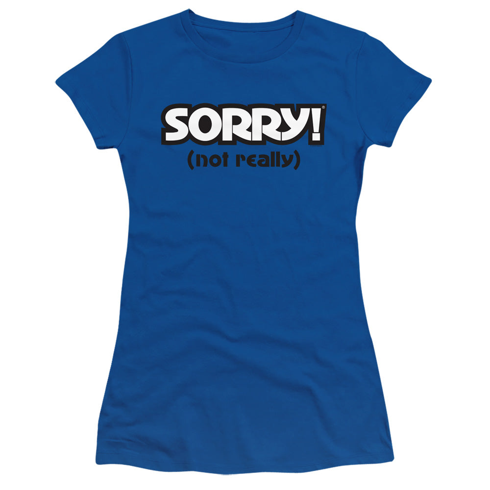 Sorry Not Sorry Junior Sheer Cap Sleeve Womens T Shirt Royal Blue