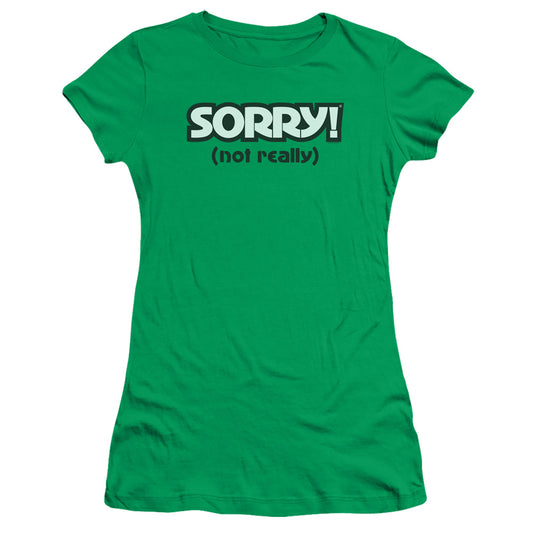 Sorry Not Sorry Junior Sheer Cap Sleeve Womens T Shirt Kelly Green