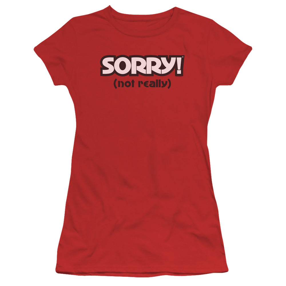 Sorry Not Sorry Junior Sheer Cap Sleeve Womens T Shirt Red