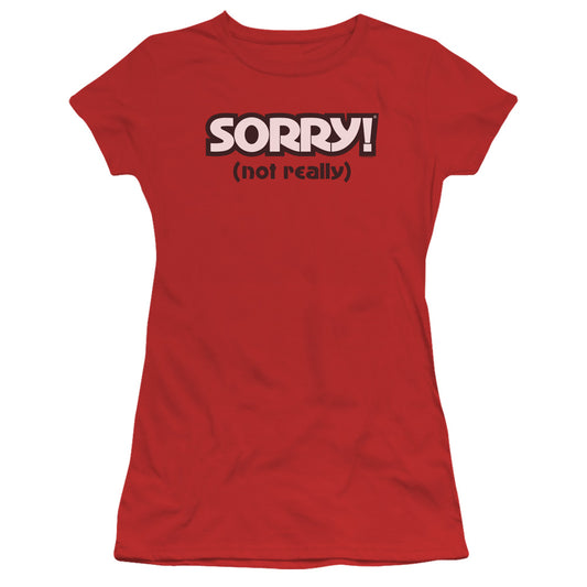 Sorry Not Sorry Junior Sheer Cap Sleeve Womens T Shirt Red