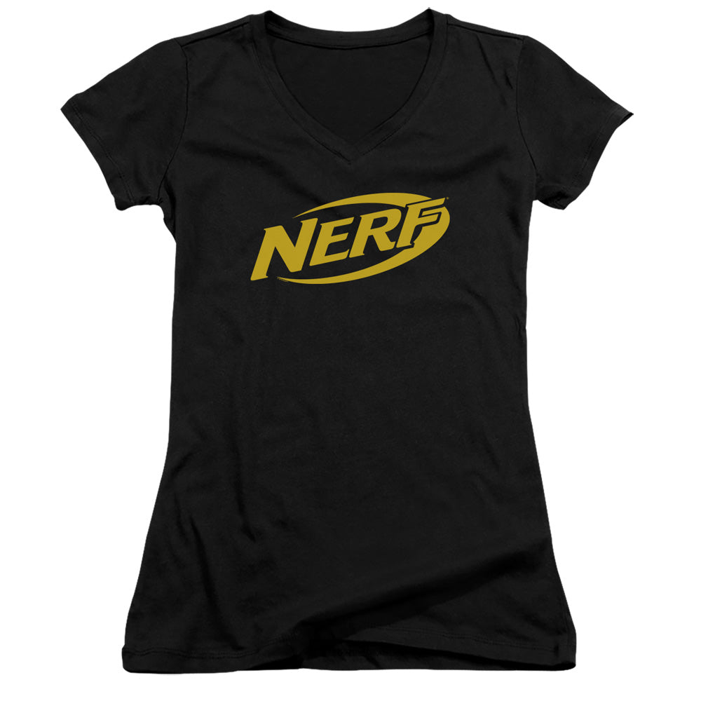 Nerf Logo Junior Sheer Cap Sleeve V-Neck Womens T Shirt Black