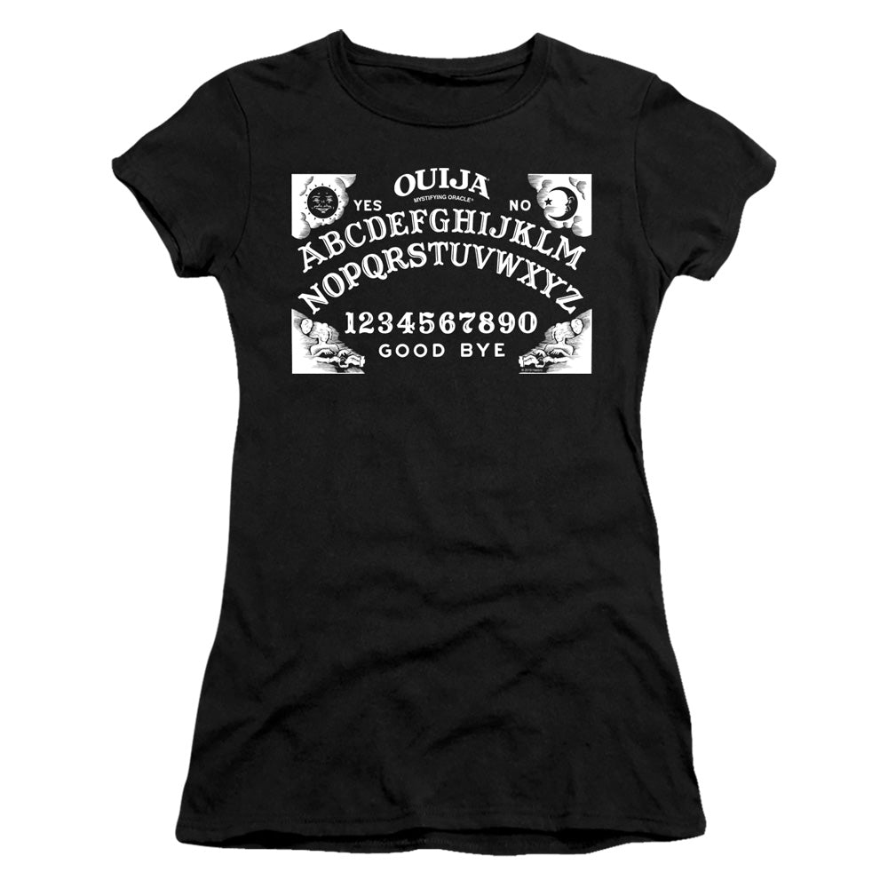 Ouija Board on Black Junior Sheer Cap Sleeve Womens T Shirt Black