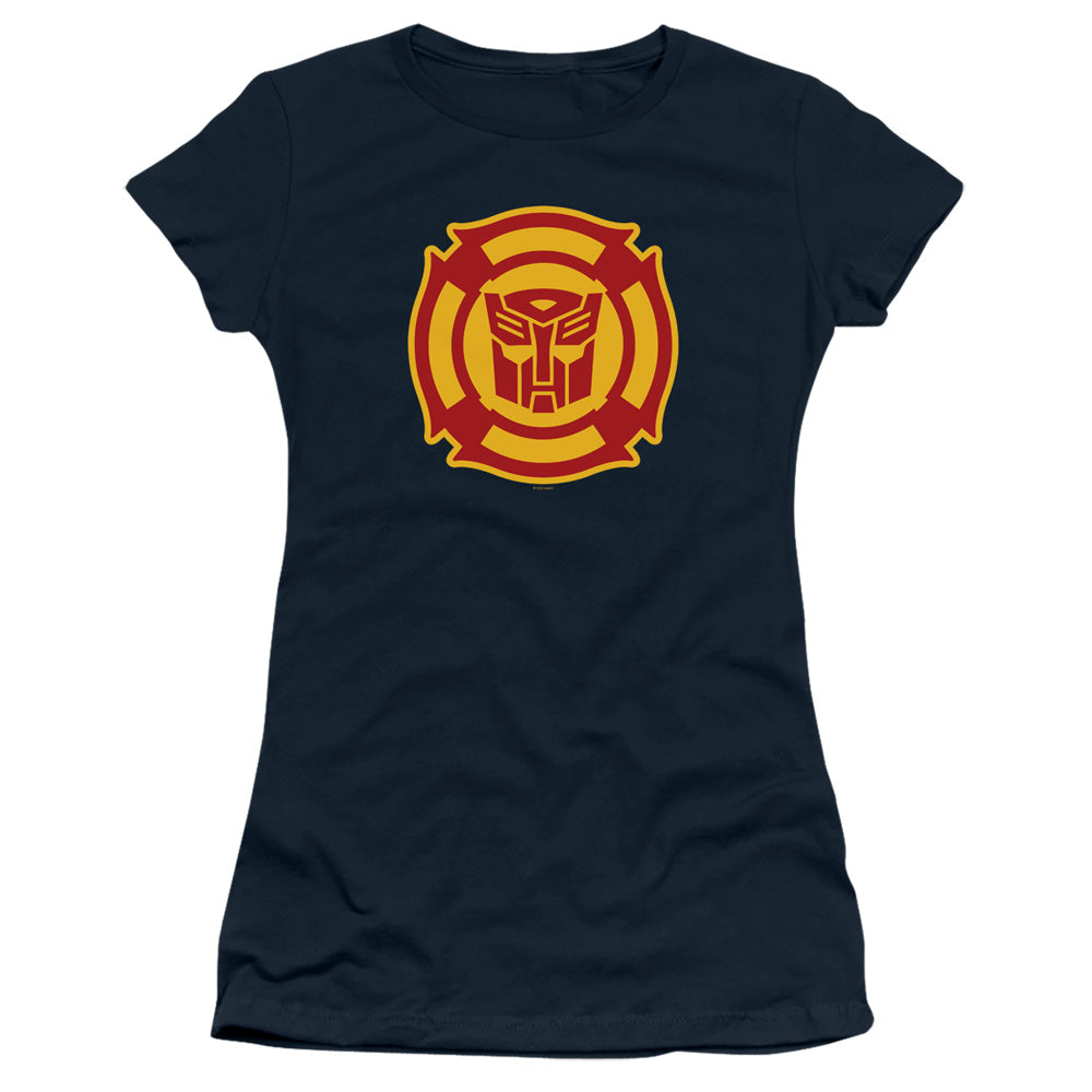 Transformers Rescue Bots Logo Junior Sheer Cap Sleeve Womens T Shirt Navy Blue