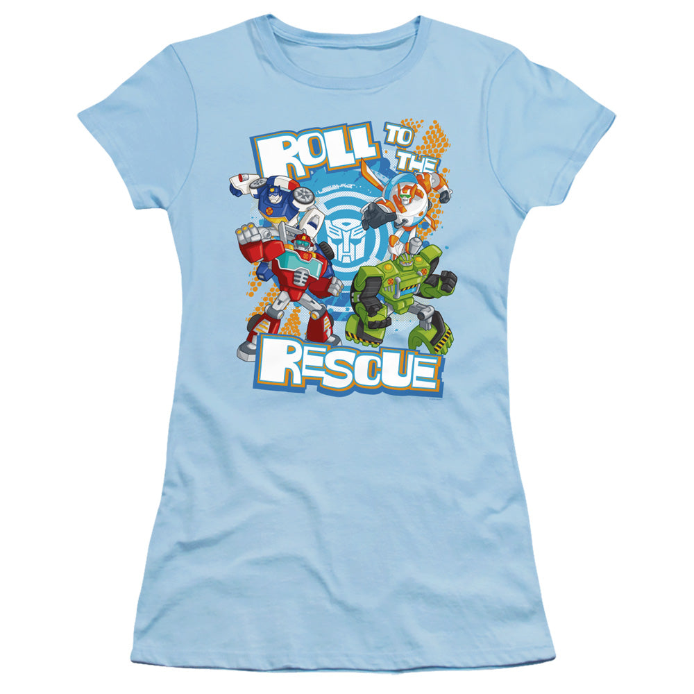 Transformers Roll to the Rescue Junior Sheer Cap Sleeve Womens T Shirt Light Blue