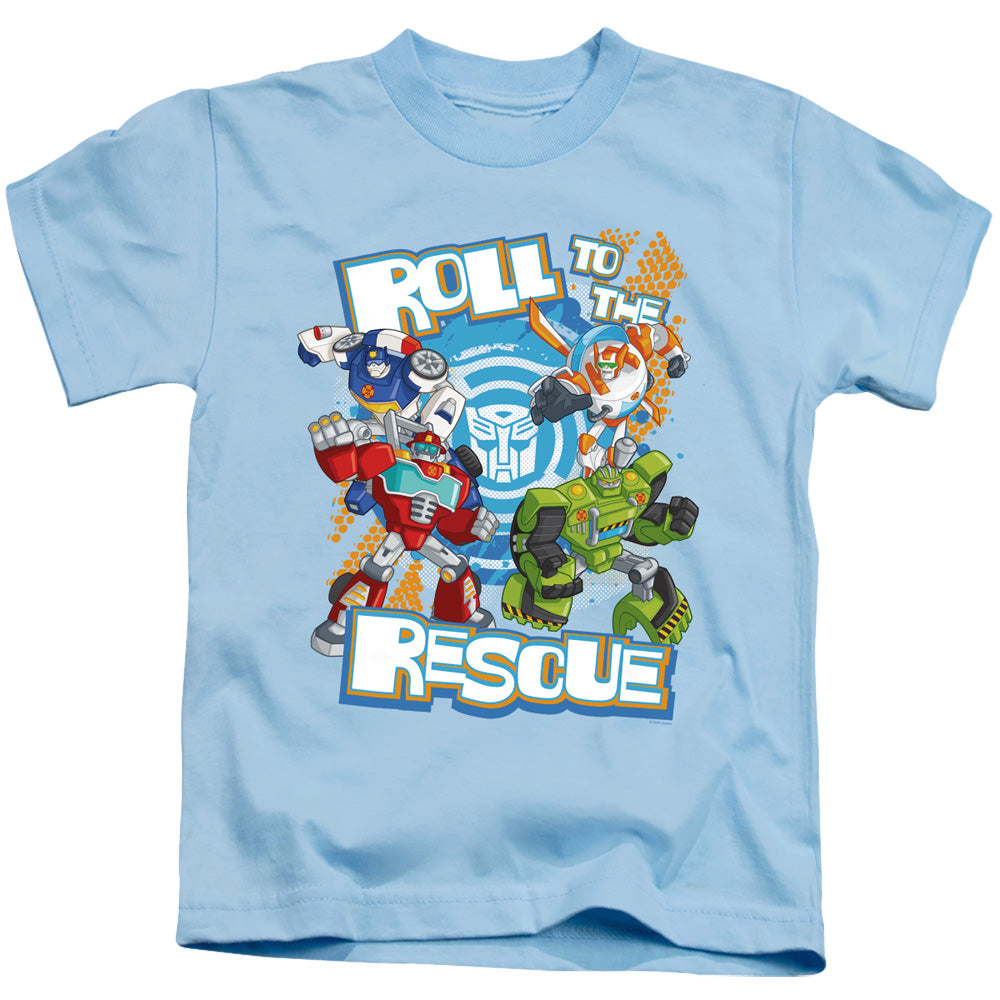 Transformers Roll to the Rescue Juvenile Kids Youth T Shirt Light Blue