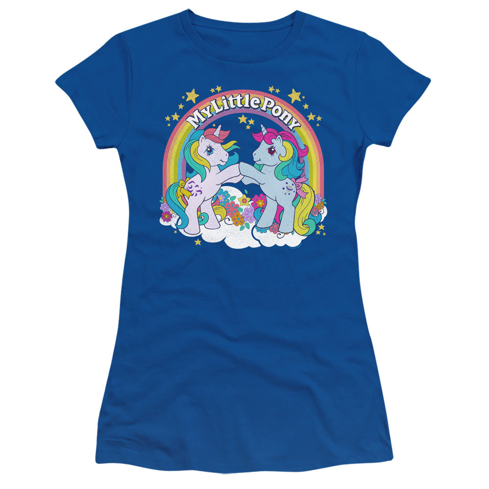 My Little Pony Retro Unicorn Fist Bump Junior Sheer Cap Sleeve Womens T Shirt Royal Blue