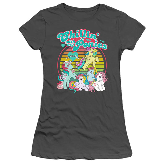 My Little Pony Retro Chillin With My Ponies Junior Sheer Cap Sleeve Womens T Shirt Charcoal