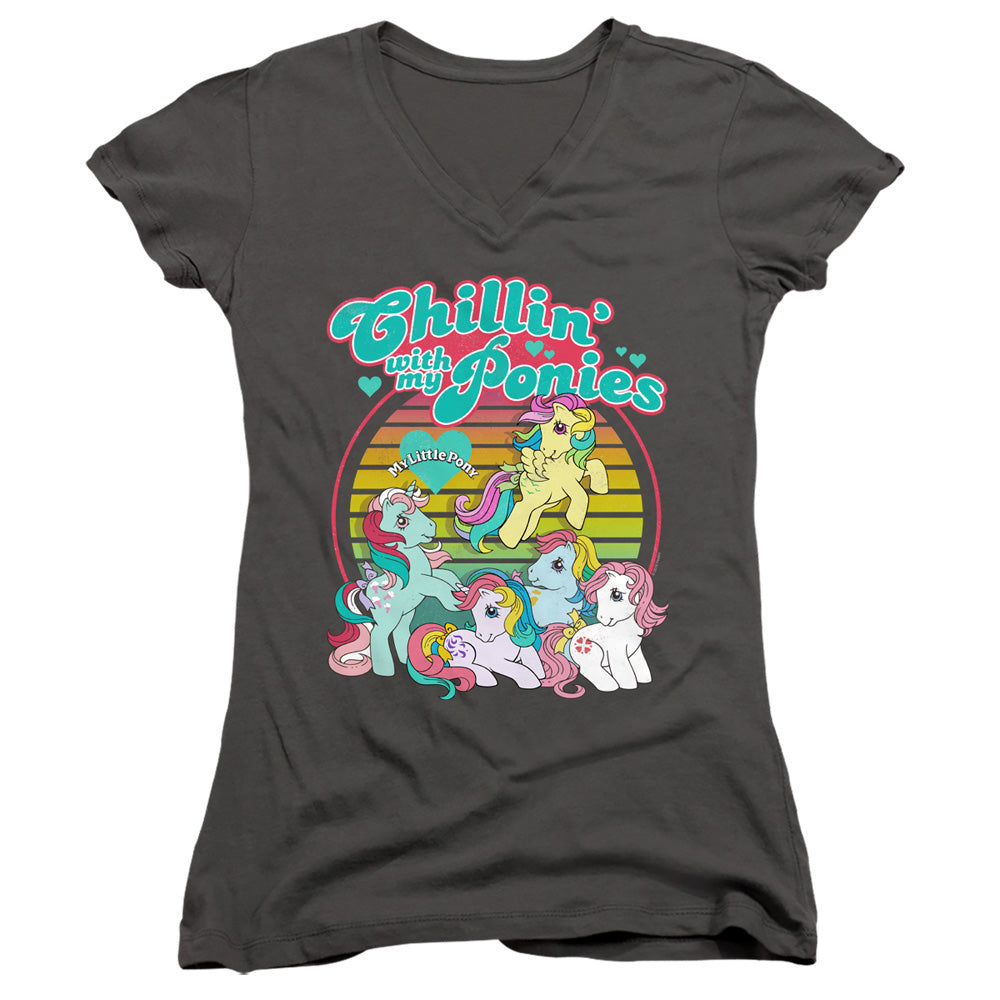 My Little Pony Retro Chillin With My Ponies Junior Sheer Cap Sleeve V-Neck Womens T Shirt Charcoal