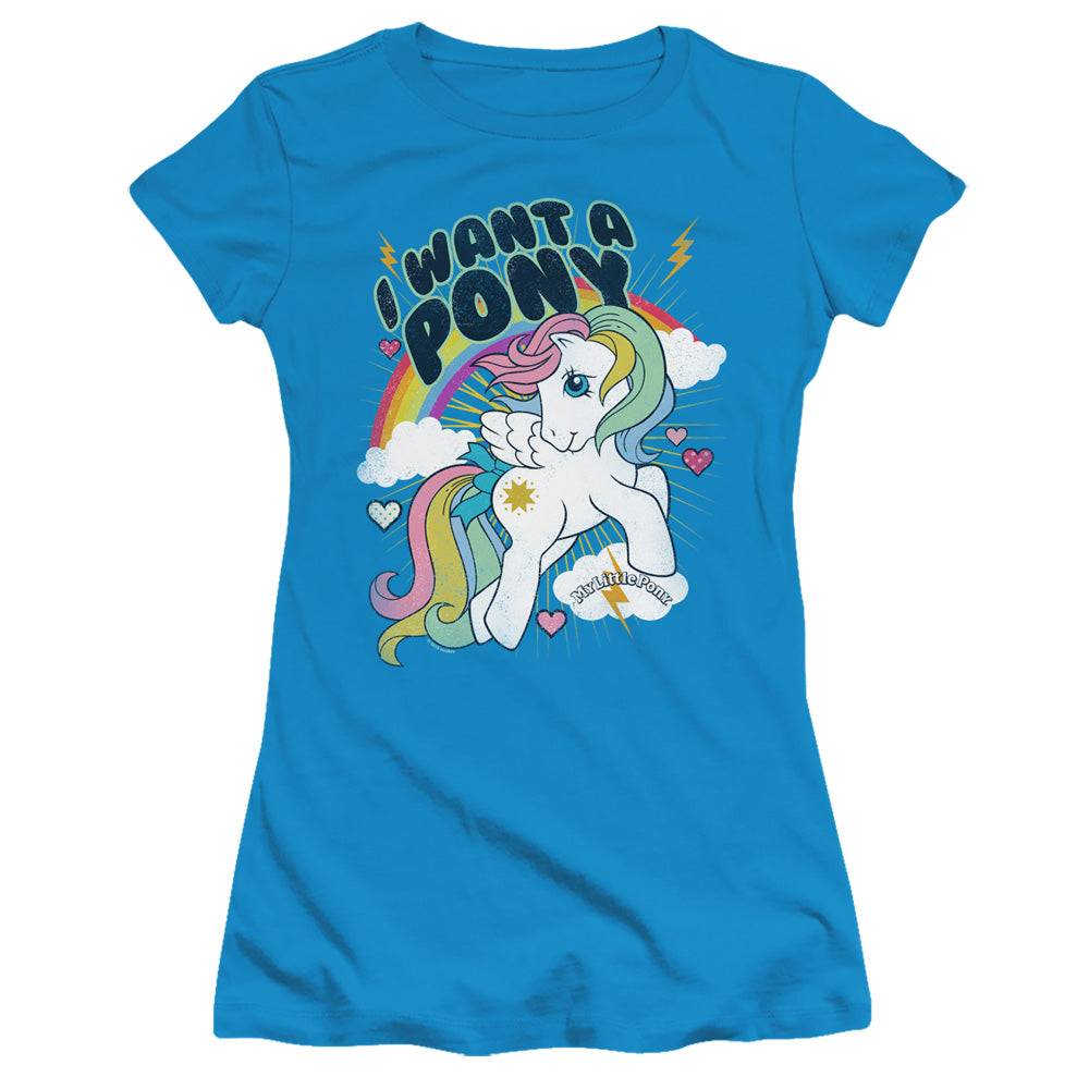 My Little Pony Retro I Want a Pony Junior Sheer Cap Sleeve Womens T Shirt Turquoise