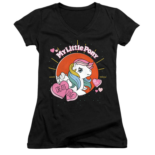 My Little Pony Retro Create Love Junior Sheer Cap Sleeve V-Neck Womens T Shirt Black