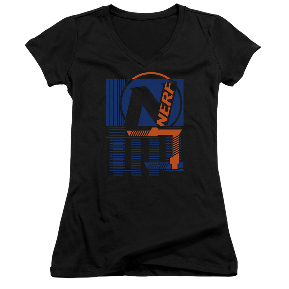 Nerf Grid Junior Sheer Cap Sleeve V-Neck Womens T Shirt Black