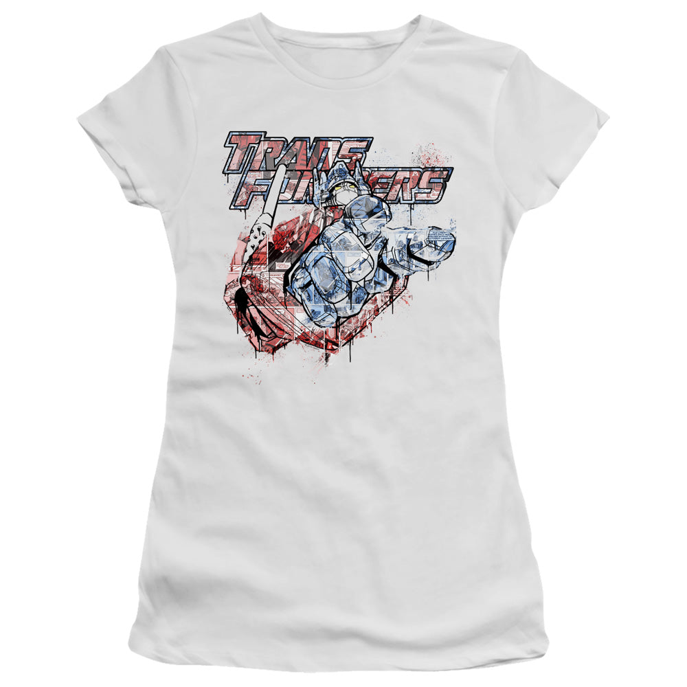 Transformers Spray Panels Junior Sheer Cap Sleeve Womens T Shirt White