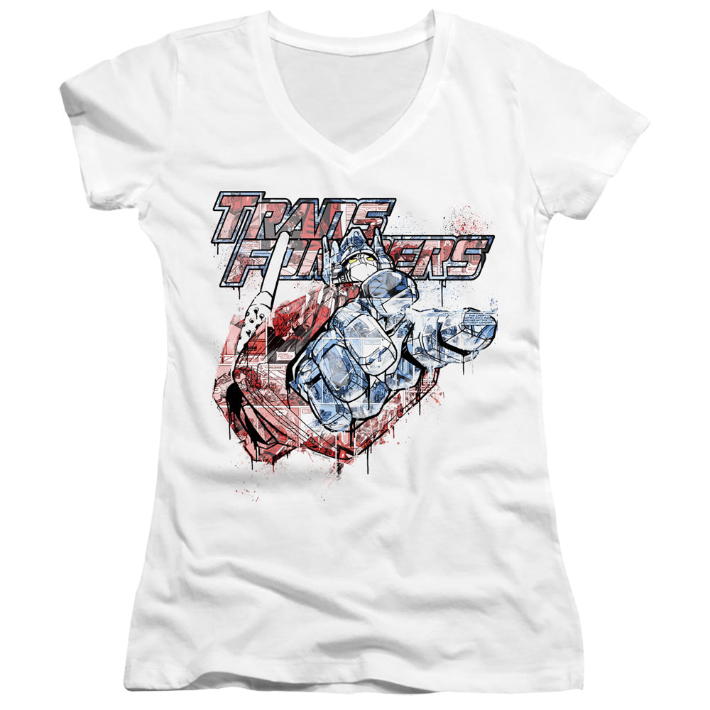 Transformers Spray Panels Junior Sheer Cap Sleeve V-Neck Womens T Shirt White