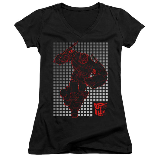 Transformers Optimus Grid Junior Sheer Cap Sleeve V-Neck Womens T Shirt Black