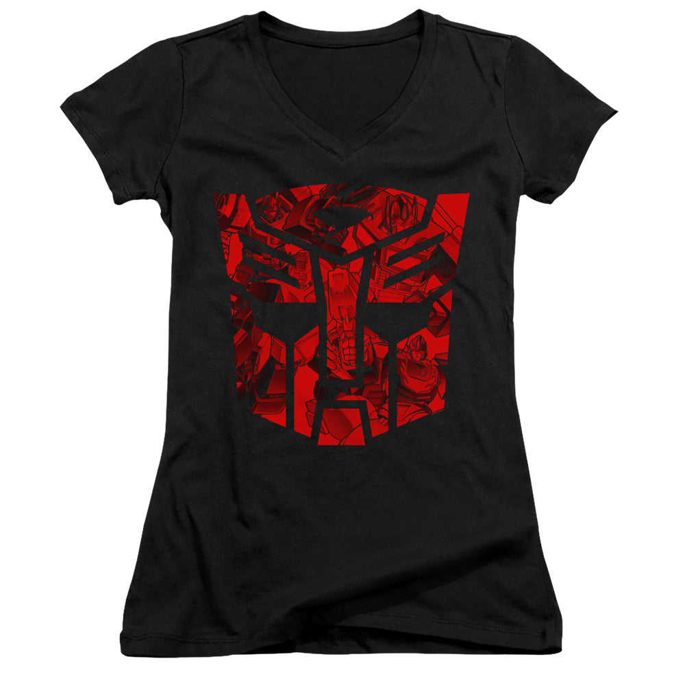 Transformers Tonal Autobot Junior Sheer Cap Sleeve V-Neck Womens T Shirt Black