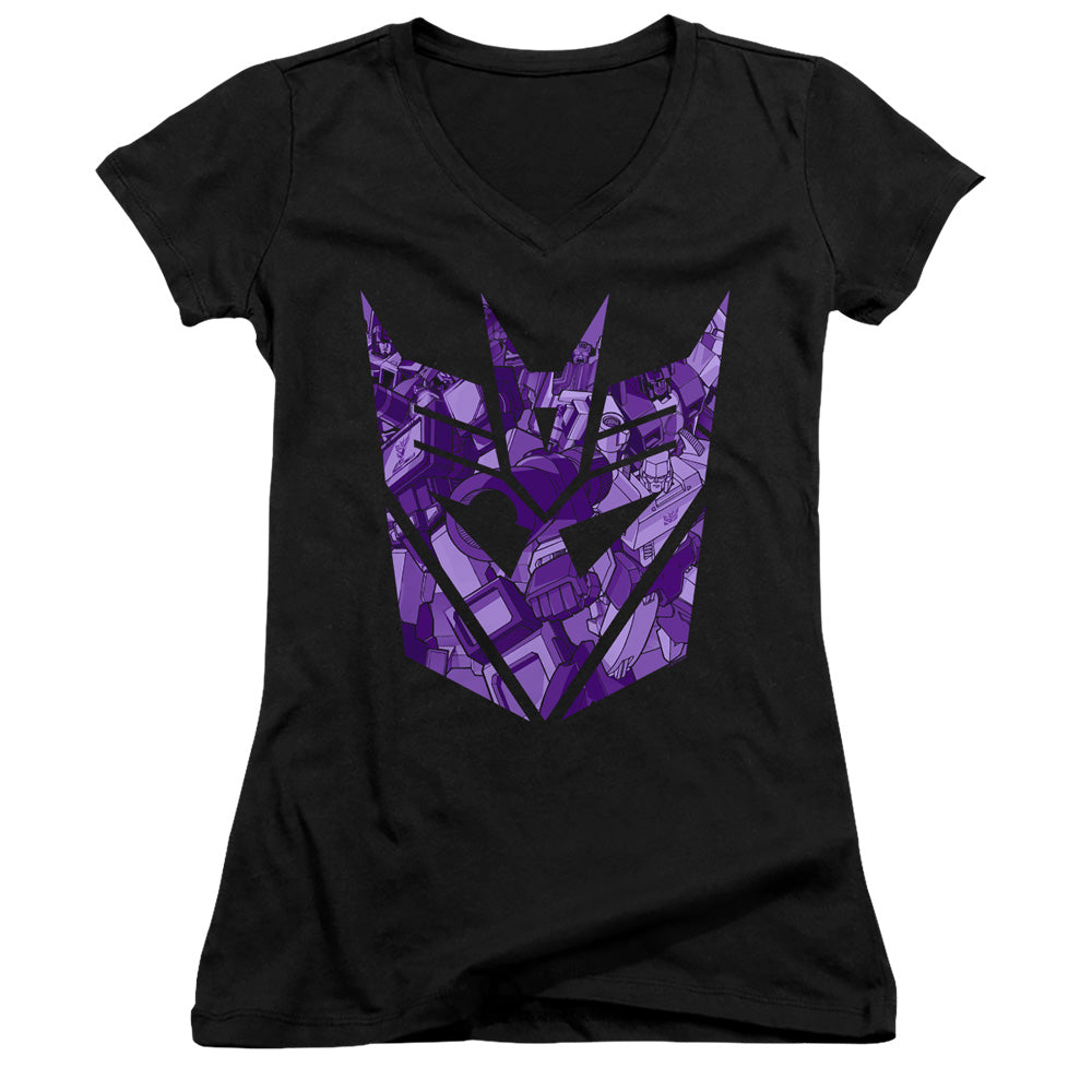 Transformers Tonal Decepticon Junior Sheer Cap Sleeve V-Neck Womens T Shirt Black