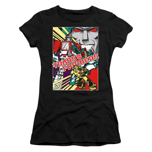 Transformers Comic Poster Junior Sheer Cap Sleeve Womens T Shirt Black