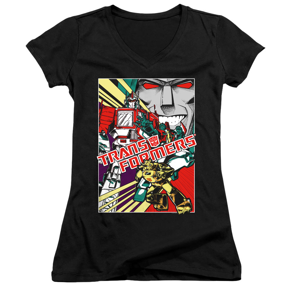 Transformers Comic Poster Junior Sheer Cap Sleeve V-Neck Womens T Shirt Black