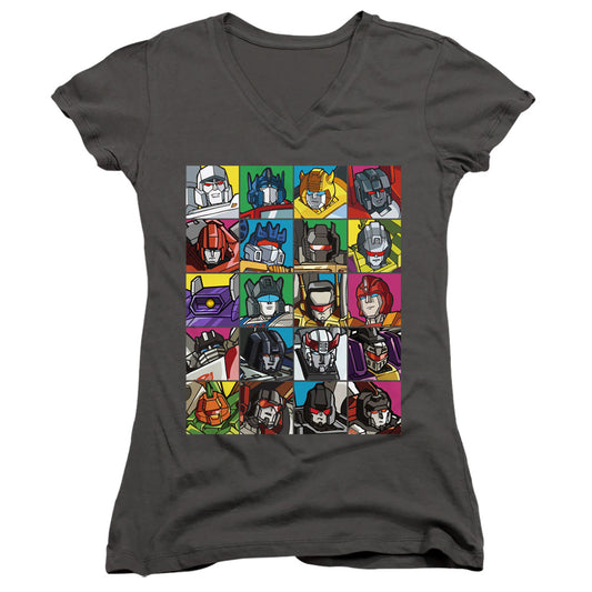 Transformers Transformer Squares Junior Sheer Cap Sleeve V-Neck Womens T Shirt Charcoal