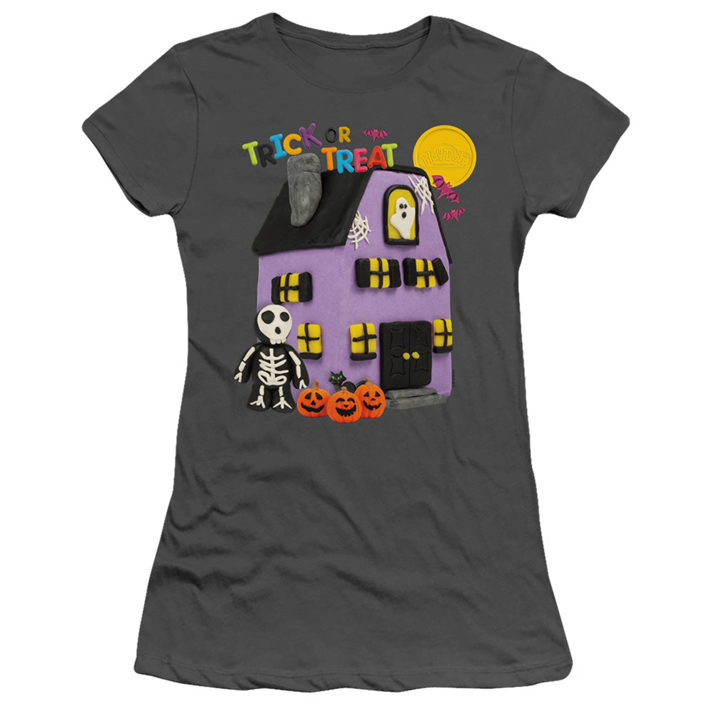 Play Doh Trick or Treat Junior Sheer Cap Sleeve Womens T Shirt Charcoal